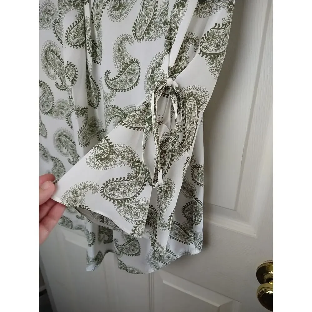 41Hawthorn Green White Paisley V Neck Belle Flare Tie Sleeves Sheer. Size M - Picture 10 of 11